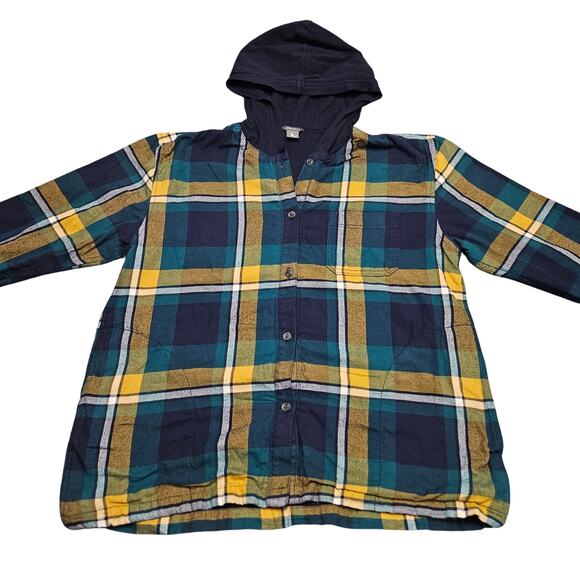 Eddie Bauer Plaid Flannel Hoodie Shirt M Womens Blue Green Yellow Cotton Casual - Picture 10 of 16